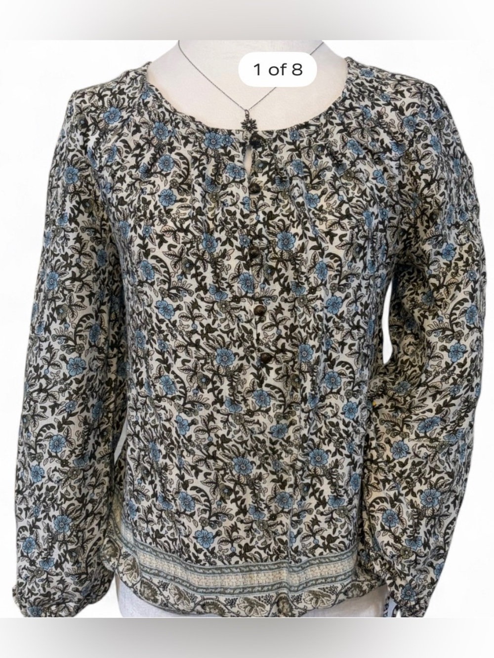 Lucky Brand Light Knit Top with light blue & grey floral print.